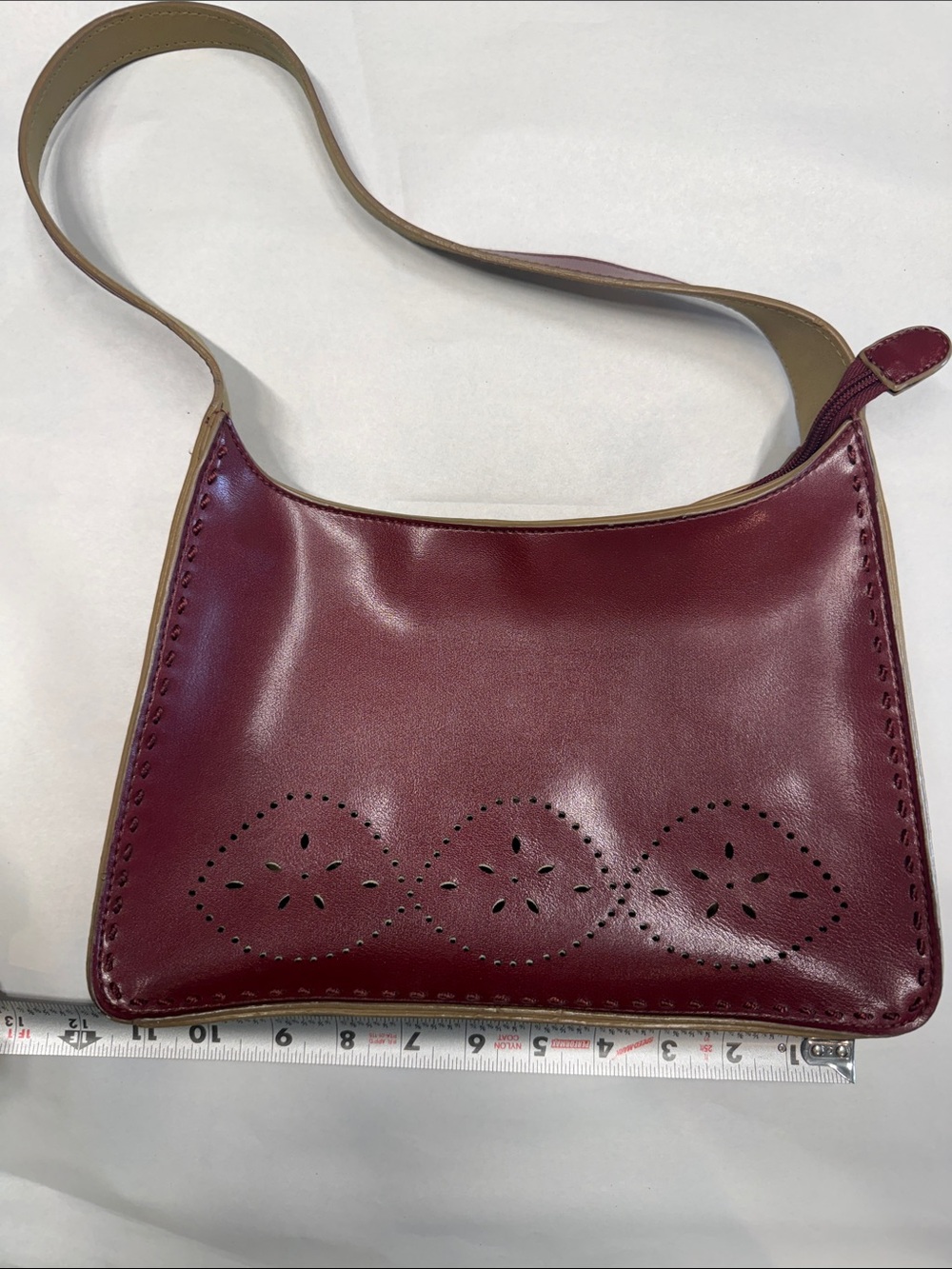 Mondani Burgundy and Tan Faux Leather Shoulder Bag with Perforated Floral Detail